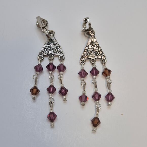 Silver-tone chandelier purple brown beaded dangle bohemian clip-on earrings - Picture 7 of 7